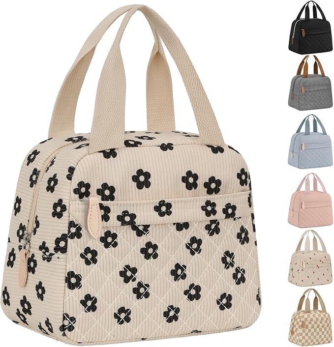 Insulated Lunch Bag for Women, Portable Lightweight Lunch Box for Adults, Reusable Small Lunch Tote Cooler Bags with Front Zipper Pocket for Work School Picnic(Corduroy Floral)