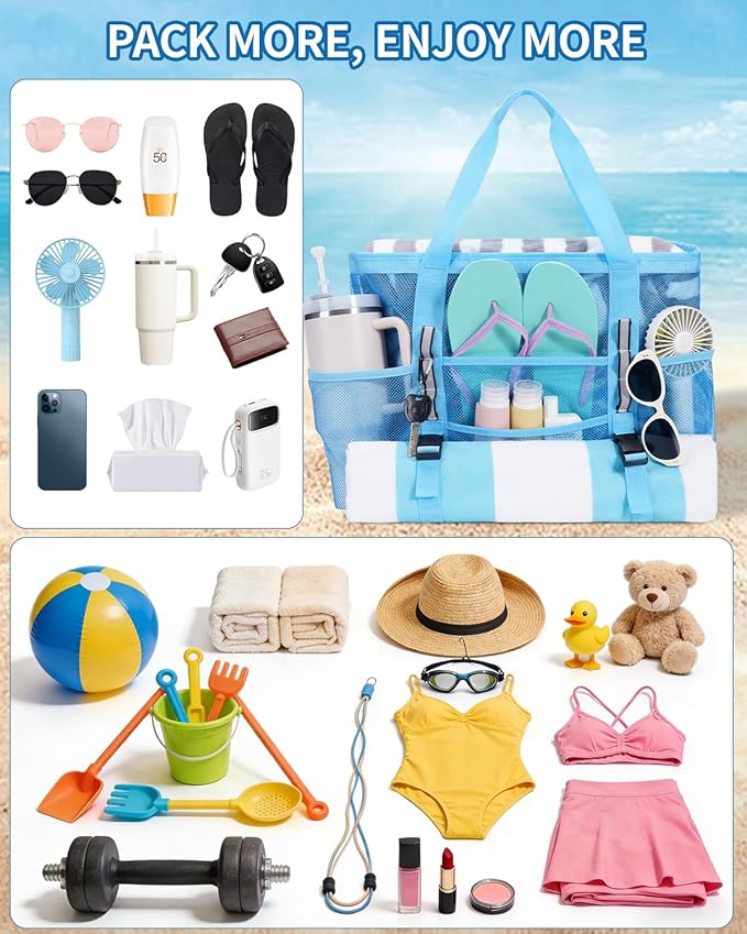 WANDF Mesh Beach Bag for Women, Large Beach Tote Bags with 40oz Tumbler Side Pockets, Family Pool Bag for Swim Toys Towels Cruise Vacation Essentials (Blue) | Breathable