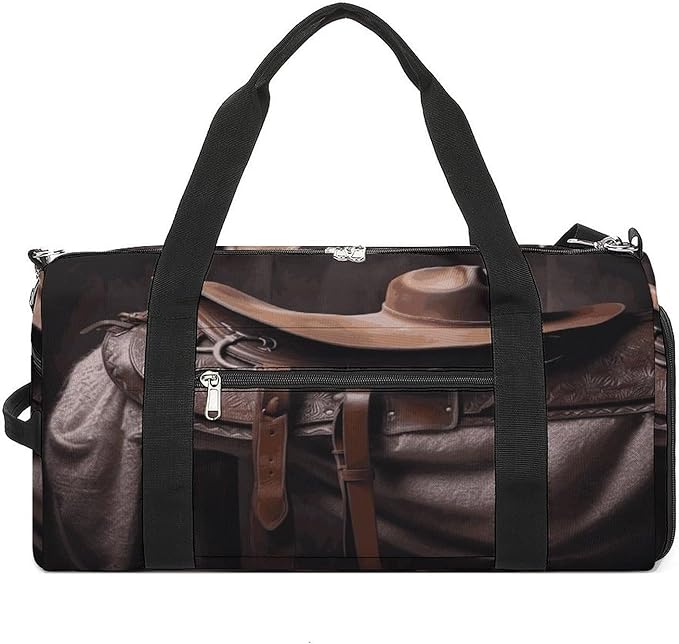 Oxford Cloth Horse Saddle with A Cowboy Hat Wild Gym Bag,Duffle Bag with Shoes Compartment And Adjustable Shoulder Straps，Weekender Bags for Men Women.