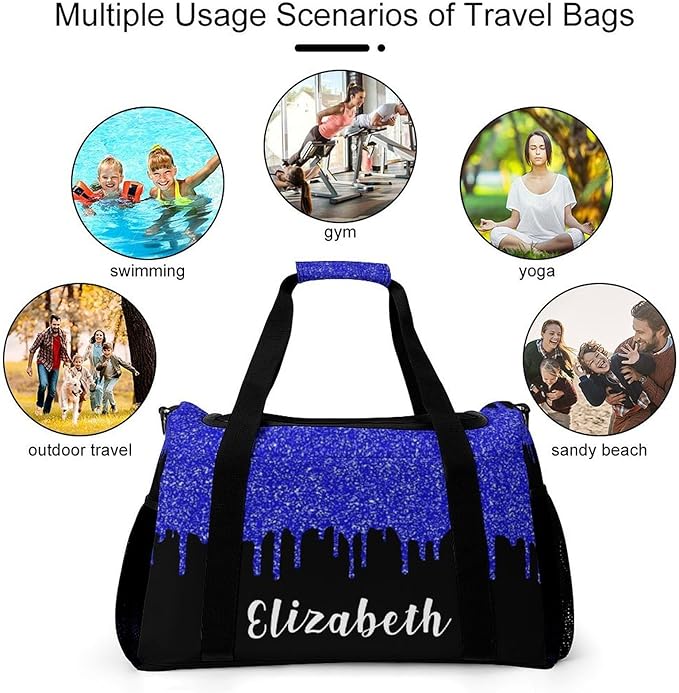 Handheld Crossbody Multifunctional Travel Bags, Personalized Duffle Bags, Sparkle Navy Blue Glitter Print Luggage Bag, Custom Name Weekender Overnight Bags