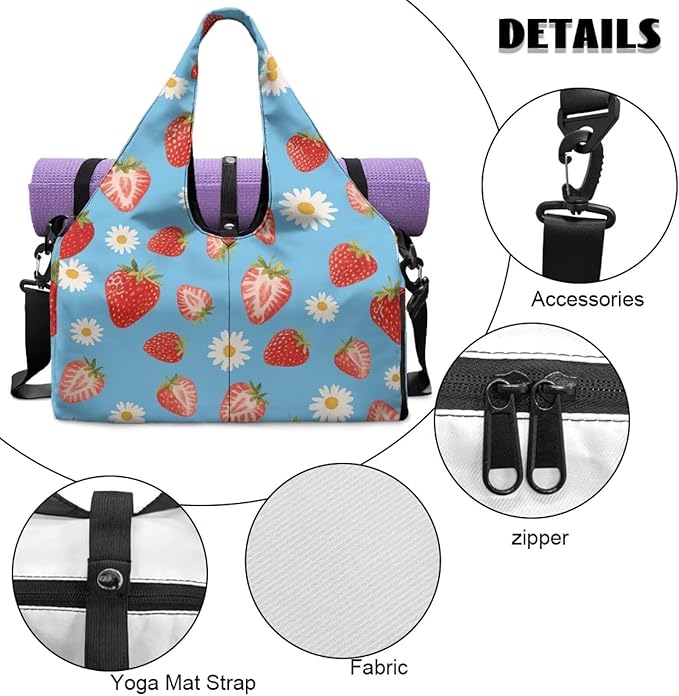 Daisy Duffel Bag for Travel with Shoe Compartment Blue Workout Bag with Yoga Mat Holder for Women, Waterproof Strawberry Print Gym Duffel Adjustable Shoulder Strap