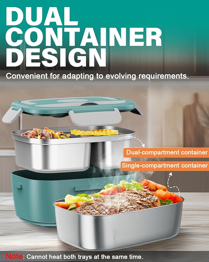 Electric Lunch Box for Men, Women & Adults - 80W Fast Heating - Heated Lunch Box with Dual 1.5L SS Containers - Portable Food Warmer for Car, Truck, Office