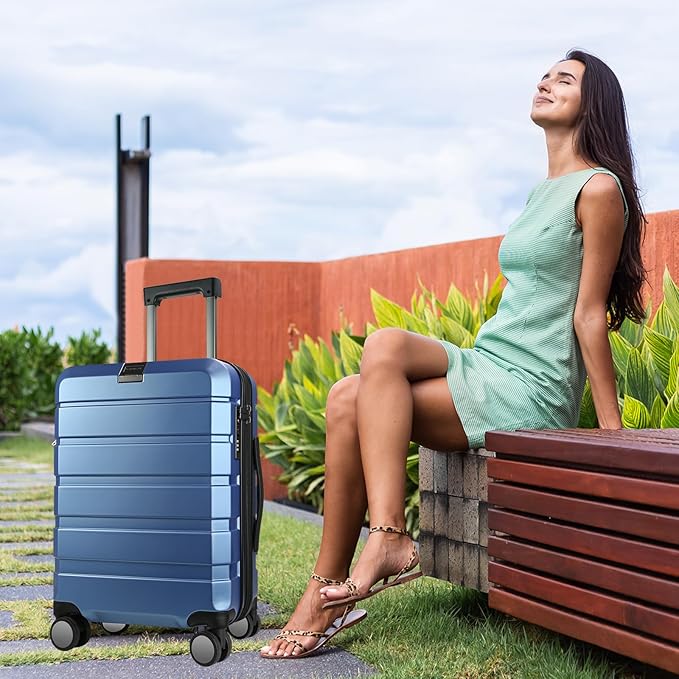 KROSER Hardside Expandable Carry On Luggage with Spinner Wheels & Built-in TSA Lock, Durable Suitcase Rolling Luggage with USB Port, Carry-On 20-Inch, Light Blue