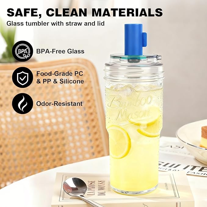 ANOTION 2pc Glass Tumbler with Lids and Straws, Leakproof 24oz Mason Jar Cups, Leak-Proof Cap, Self-Assembly Silicone Straw, Reusable Iced Coffee Smoothie Matcha Cup Aesthetic Coffee Gifts Women