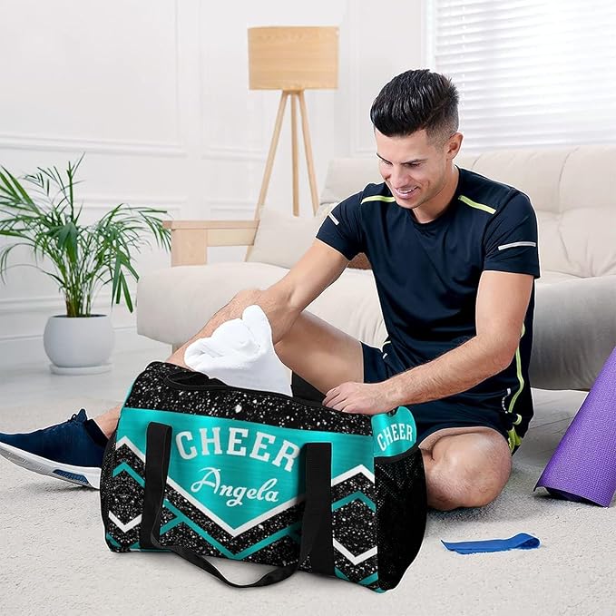 Personalized Name Sports Player Duffel Bags with Adjustable Shoulder Strap for Shoes Cheer Teal Blue Cheerleading Stripes Handheld Crossbody Travel Bag