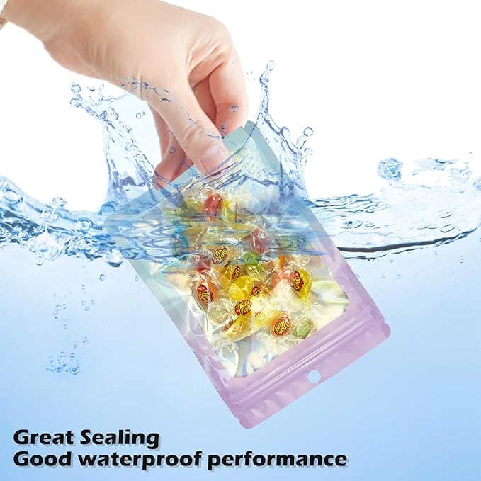 300 Pcs Holographic Mylar Bags, 3 Size Smell Proof Bags with Clear Window Foil Pouch Bags Resealable Bags for Small Business and Food Storage, Purple Blue