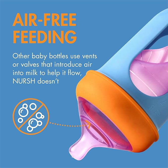 Boon Nursh Bottles - Silicone Baby Bottles Help Ease Colic Symptoms - Reusable Food-Grade Silicone Pouches with Polypropylene Shell - Medium Flow - 8 Oz - Color Block