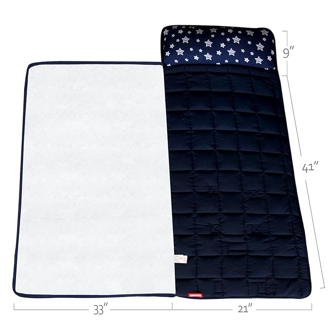 Moonsea Toddler Nap Mat with Pillow and Fleece Minky Blanket Navy, Lightweight and Soft Perfect for Toddlers Preschool, Daycare, Travel Sleeping Bag for Girls, 21" x 50" Fit on a Standard Cot
