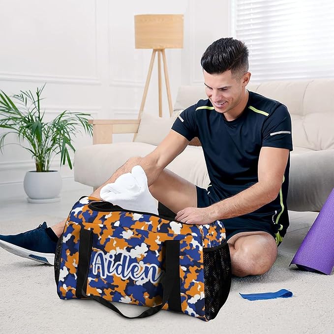 Camouflage Navy Blue Orange Camo Waterproof Duffel Bag Gym Dance Sport Perform Training Bag for Teens Adults Women Men Handheld Crossbody Travel Bag
