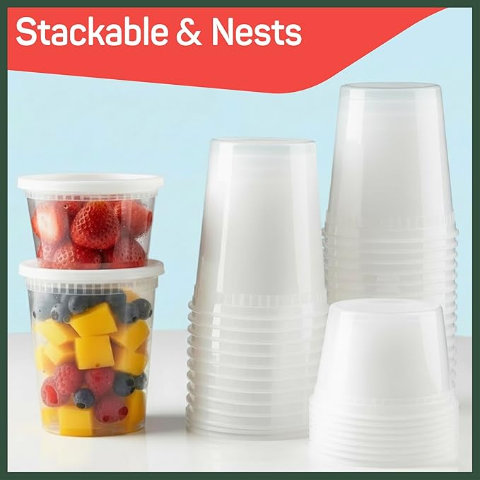 Plastic Deli Containers with Lids 12 oz (Pack of 50) – Leak-Proof, BPA-Free Food Storage Containers for Soup, Slime & Meal Prep, Stackable, Microwave, Dishwasher Safe, Reusable Clear Plastic