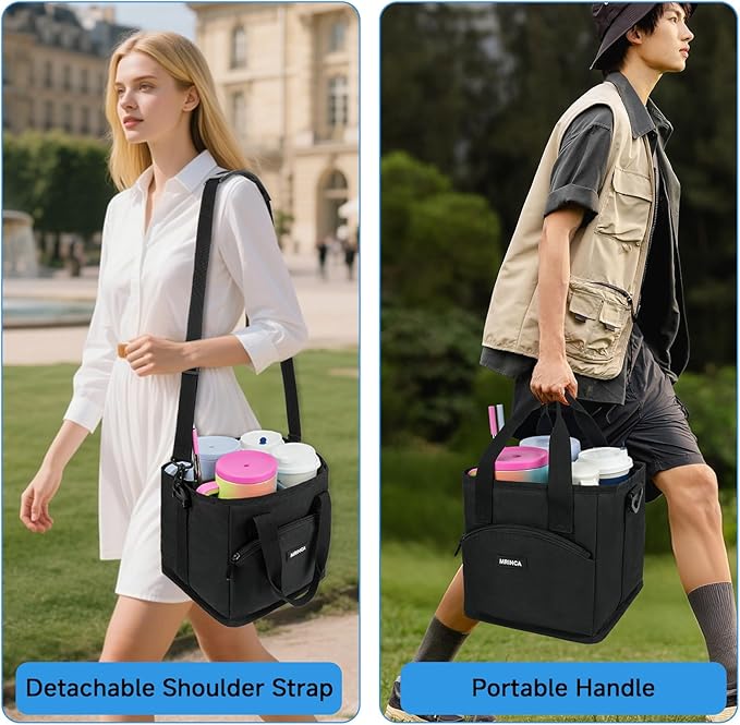 Reusable Drink Carrier with Handle – Insulated, Collapsible 4-Cup Beverage Bag with No-Spill Base, Adjustable Dividers & Shoulder Strap, Portable Caddy for Delivery, Car and Travel, Black