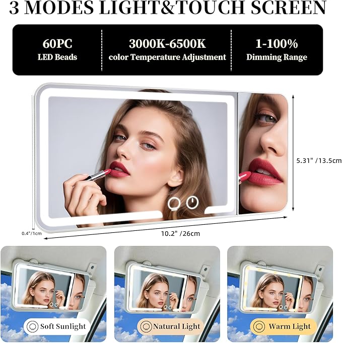 Car sun visor makeup mirror, equipped with 3x magnifying glass and three-color adjustable brightness soft light mirror, rechargeable, suitable for all models (Black)