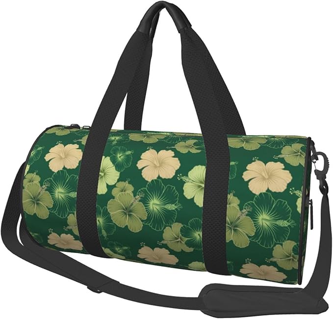 Round Duffel Sports Bag Hawaiian Floral Olive Green Camo, Lightweight with Inner Pocket Gym Bag for Men Women Duffle Bag for Travel Sports