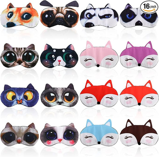 ZOOFOX 16 Pack Cute Animal Eye Mask, Soft Blackout Blindfold Sleeping Mask with Adjustable Strap, 3D Funny Eye Cover for Women Men Kids Plane Travel Yoga Office Snap Night Sleeping