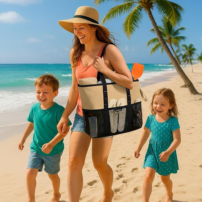Large Beach Bag with Zipper-8 Pockets Sandproof Beach Tote Bag for Women,Foldable Lightweight Family Swim Bag Vacation