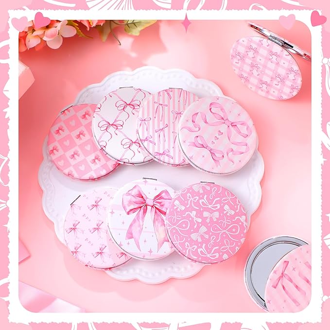 Weysat 9 Pcs Coquette Pink Bow Compact Mirrors Double Sided Magnifying Makeup Mirrors with PU Leather Case Portable Round Pocket Mirror for Women Girls for Mother's Day Travel Bathroom Wedding Gifts