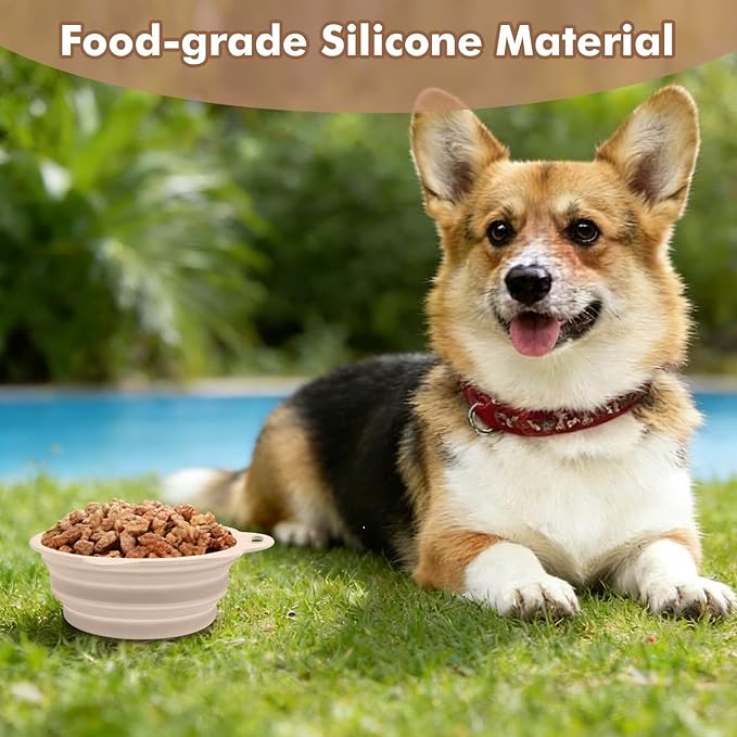Collapsible Dog Bowls 2 Pack, Silicone Dog Bowl for Small Dogs, Dog Travel Bowl with a Lanyard Hole, Puppy Bowls for Water and Food, Travel Pet Bowls Pink & Light Beige, 11.3oz × 2