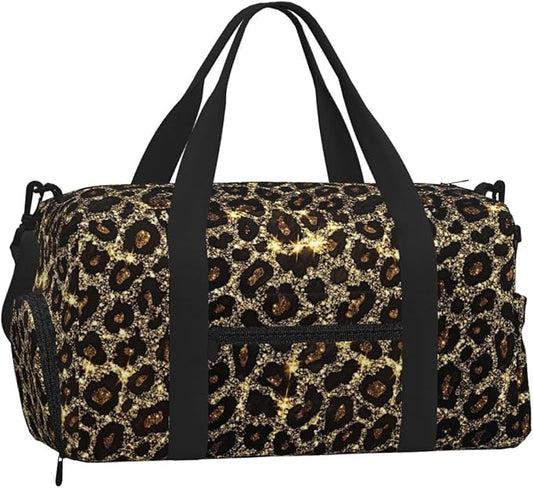 Shining Leopard Print Sports Gym Bag For Men Women Travel Duffel Bag With Shoe Compartment Water Resistant Gym Bag Carry On Duffel Bag For Yoga Gym Sports Weekend Traveling