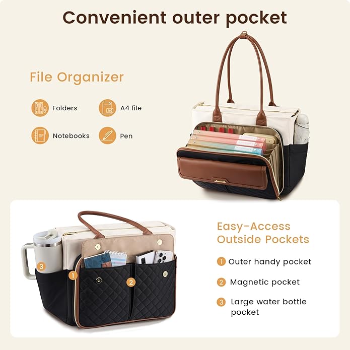 LOVEVOOK Teacher Tote Bag for Women, Laptop Bag Briefcase with Accordion File Pocket, Nurse Handbag for Work, Travel, College | Large Cup Holder, Laptop Compartment, Trolley Sleeve