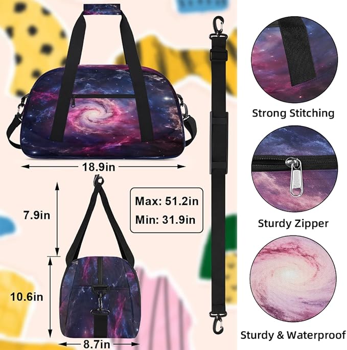 Travel Duffle Bag, Pink Purple Nebula Waterproof Weekender Overnight Bags for Women Men Lightweight Carry on Duffle Gym Bag for Travel, Sports, Fitness, Workout
