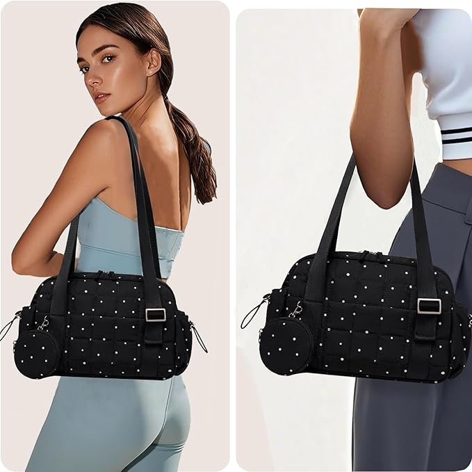 CAMTOP Mini Gym Bag for Women, Small Gym Tote Bag Puffy Quilted Sports Duffel Bag with Wet Compartment and Coin Purse Duffel Bags Dance Yoga Workout Bag for Gifts (Polka Dot, Mini-12.6")