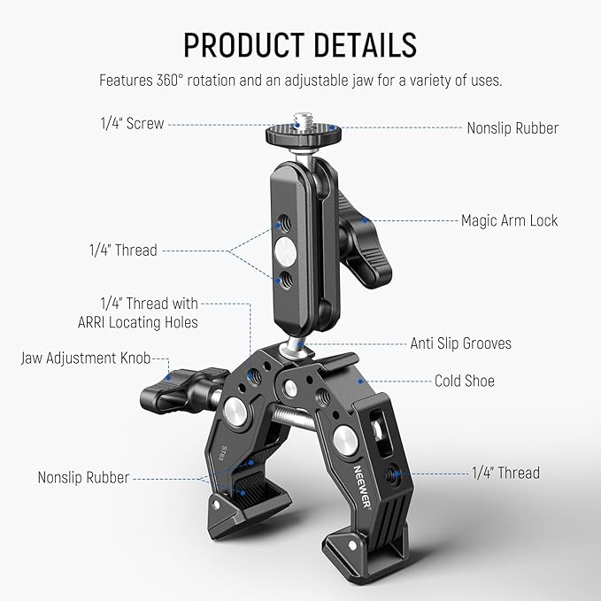 NEEWER Super Clamp Magic Arm Camera Mount with Phone Holder Action Cam Adapter Ball Heads 1/4" Threads Cold Shoe Cleaning Cloth Compatible with SmallRig GoPro for Desk Tripod Crossbar Gimbal Rod, ST83
