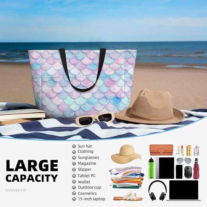 Large Beach Bag for Women Waterproof Foldable Travel Shoulder Tote Bag with Pocket for Weekender Pool Vacation