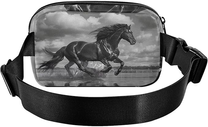 Black Horse Running in Beach Fanny Pack for Women Men Water Resistant Fashion Waist Packs with Adjustable Strap Belt Bag for Travel Workout Jogging Hiking 21220146