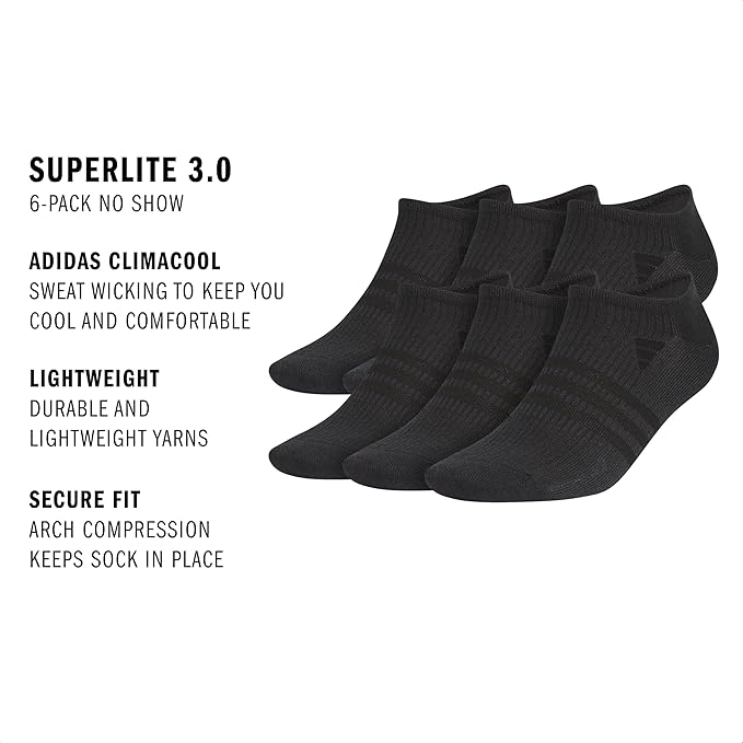 adidas Men's Superlite No Show Socks (6 Pairs) Lightweight & Breathable