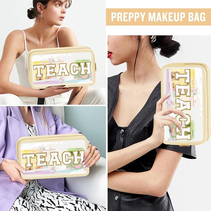 Teacher Appreciation Gifts Chenille Letter Clear Makeup Bag TEACH Pouch, Preppy Patch Makeup Bag with Zipper Graduation Retirement Birthday Cosmetic Bag Teacher Gifts Supplies for Women(TEACH-Beige)
