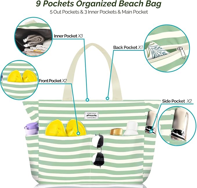 HOMESPON Large Waterproof Beach Bag for Women Sandproof Tote Bag Pool Bag with Zipper and Pockets for Travel Vacation Gym
