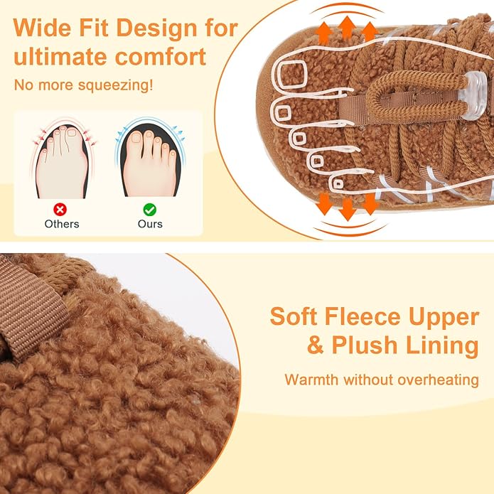 relxfeet Women's Wide Width Slippers Cozy Furry Barefoot House Shoes with Adjustable Fit Non-Slip Indoor Outdoor Slippers for Diabetic Bunion Swollen Feet Friendly