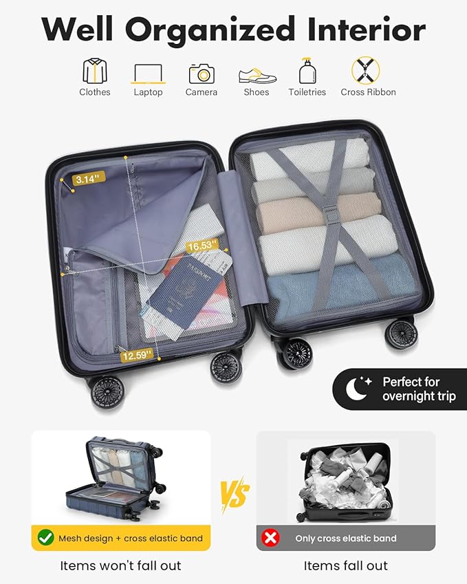 Lekesky 16 Inch Underseat Carry On Luggage Airline Approved, Hard Shell Suitcase with TSA Lock, Lightweight Spinner Wheels Durable ABS Compact Carry-On for Travel Weekend Trips Men Women, Blue