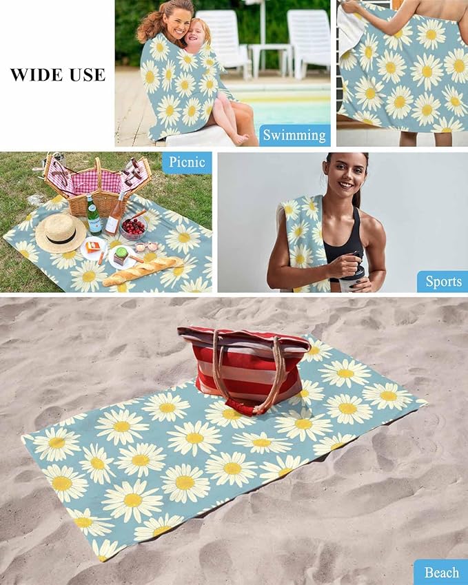 ALAGEO Beach Towels White Daisy Bath Pool Towel Yellow Flower Floral Blue Background Bath Towels Sand Free Beach Blanket Quick Dry Lightweight Travel Towel for Adults Beach Gifts 23x47 inch