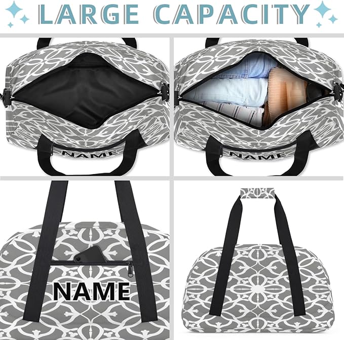 Grey and White Flowers Leaves Custom Small Gym Bag 18 inch for Women Men Personalized Geometric Leaf Floral Carry On Overnight Weekender Bag for Travel Work Dance Sport