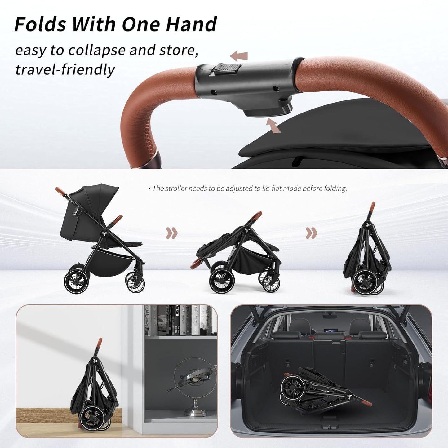 Tinyiota Baby Stroller, Infant Stroller with Large UPF 50+ Canopy,Luxury Pram Strollers with Leather Handle & Spacious Seat, One-Hand Foldable Pushchair, Toddler Carriage with Lie-Flat Mode(Black)