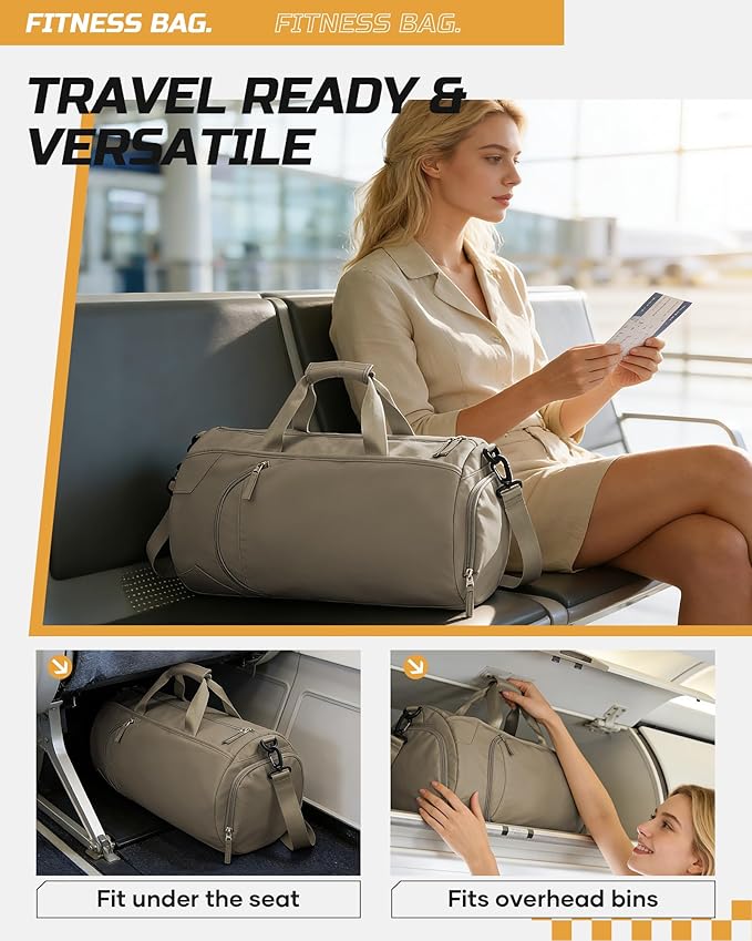 Gym Bag for Women And Mens with Shoe Compartment, Large Duffle Bag with Wet Pocket Carry-on Gym Duffle Bag for Travel and Sports Weekender Overnight Workout Bag Brown
