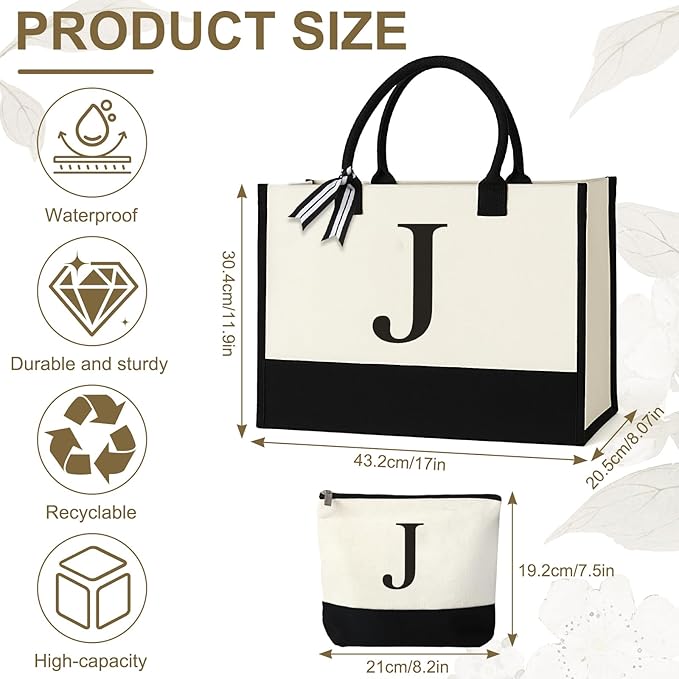 Personalized Canvas Tote Bag for Women Makeup Pouch Initial Beach Bag Removable Bottom Board for Travel Birthday