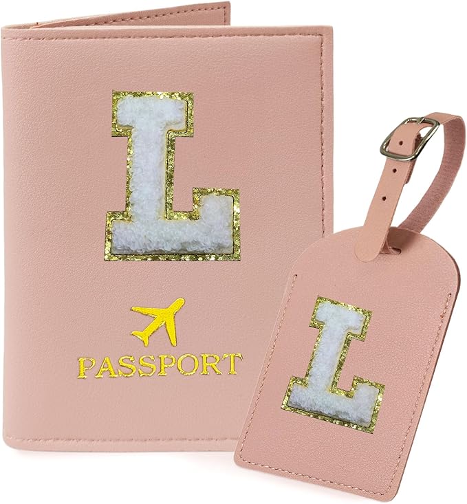 COSHAYSOO Passport Cover and Luggage Tag Set with Her Initial Chenille Letter Patch, Fashionable Travel Bag Backpack Suitcase Identifier Gifts for Granddaughter Grandma Mother Pink L