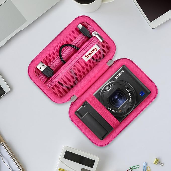 Hard Travel Case for Sony ZV-1F / ZV-1 / ZV-1 II Digital Camera, Storage Holder Travel Bag with Zipper Mesh Pocket for Battery Pack, Charging Cable, USB Card, Rosered