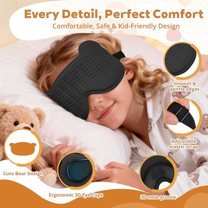 3D Kids Sleep Mask – Cute Bear Eye Mask for Sleeping, Comfortable Memory Foam Sleep Mask for Kids, Adjustable Strap and Lightweight Sleeping Mask for Boys Girls Teens Ages 5-15 (Black)