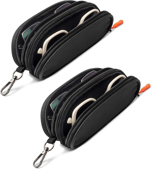 Double Eyeglasses Case Soft Portable Zipper Sunglasses Pouch with Keychain Clip for Men Women