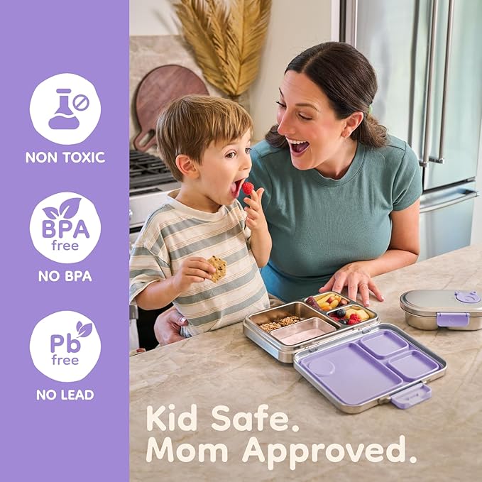 Good Bare Stainless Steel Snack Container for Kids – 2 Compartment Metal Bento Box, Leakproof, Non-Toxic, Easy-Open Latch, Dishwasher Safe, Small Snack Pack, Perfect for On-the-Go (Lavender Mist)