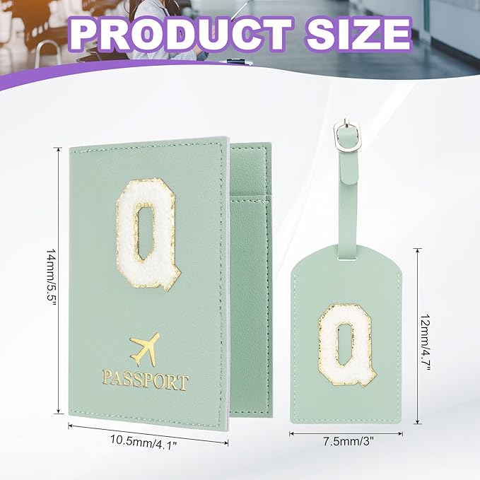 PATIKIL Passport Holder for Travel, Initial Passport Cover and Luggage Tag Set with Alphabet Chenille Letter Patch Travel Wallet Bag Suitcase Identifier for Women Family Travel Green Q