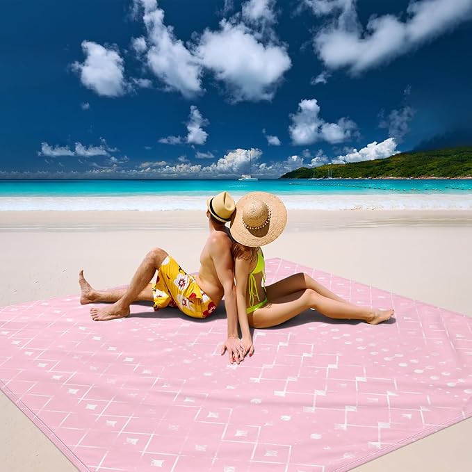 BEW Beach Blanket Waterproof Sandproof, Moroccan Blythe Pink Picnic Blankets, 86''×78'' Large Beach Mat Sand Free for 2-4 Adult, Compact Quick Drying Outdoor Blanket Beach Essentials Must Have