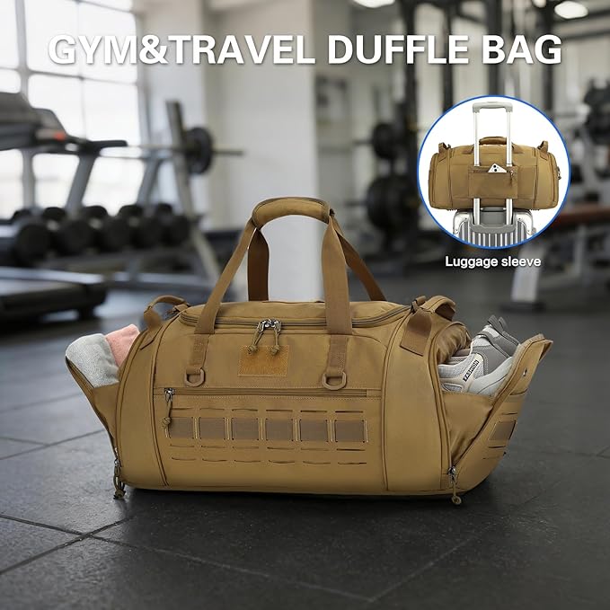 Gym Bag for Men Women 45L Sports Duffle Bag for Travel Tactical Military Duffel Bag with Shoe & Laptop Compartment Lightweight Medium Weekender Travel Bags for Fitness Training Workout, Brown