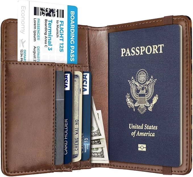 Women's Leopard Print Passport Holder Cover with RFID Protection, 4 Card Slots, 1 Cash Holder, 1 Boarding Pass Holder