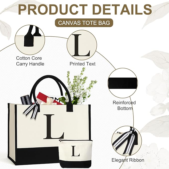 Personalized Canvas Tote Bag for Women Makeup Pouch Initial Beach Bag Removable Bottom Board for Travel Birthday