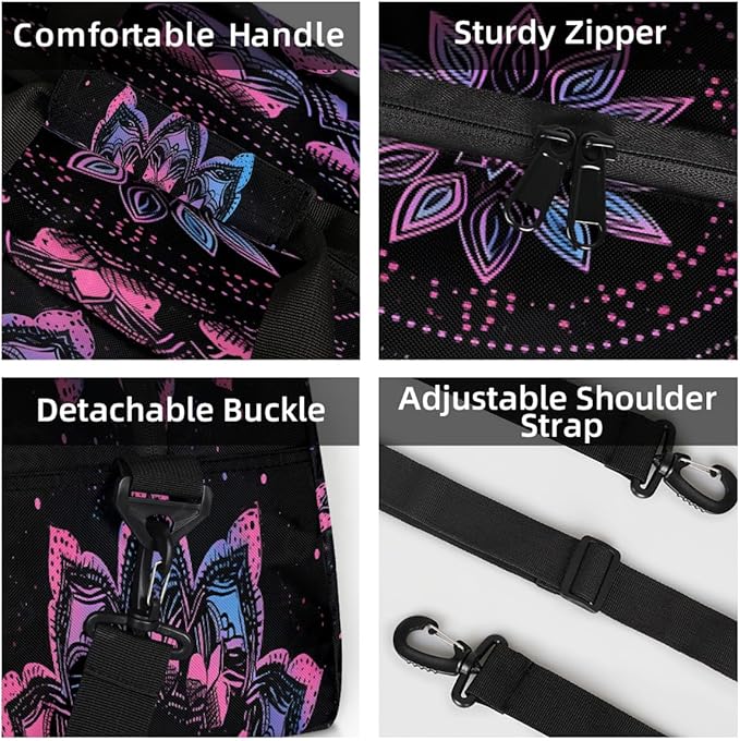 Gym Bag for Women Men, Purple Tribal Pattern Travel Duffle Bags for Dance Ballet Overnight, Carry-On Weekender Bag with Detachable Shoulder Strap