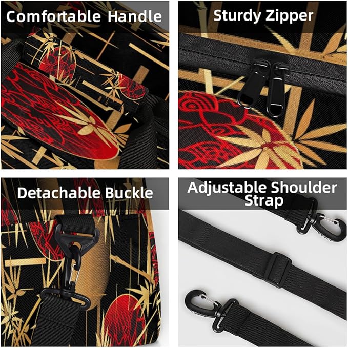 Duffle Bag for Women Men, Red Bamboo Pattern Gym Bag for Travel Sports, Lightweight Waterproof Weekender Overnight Bags with Adjustable Strap